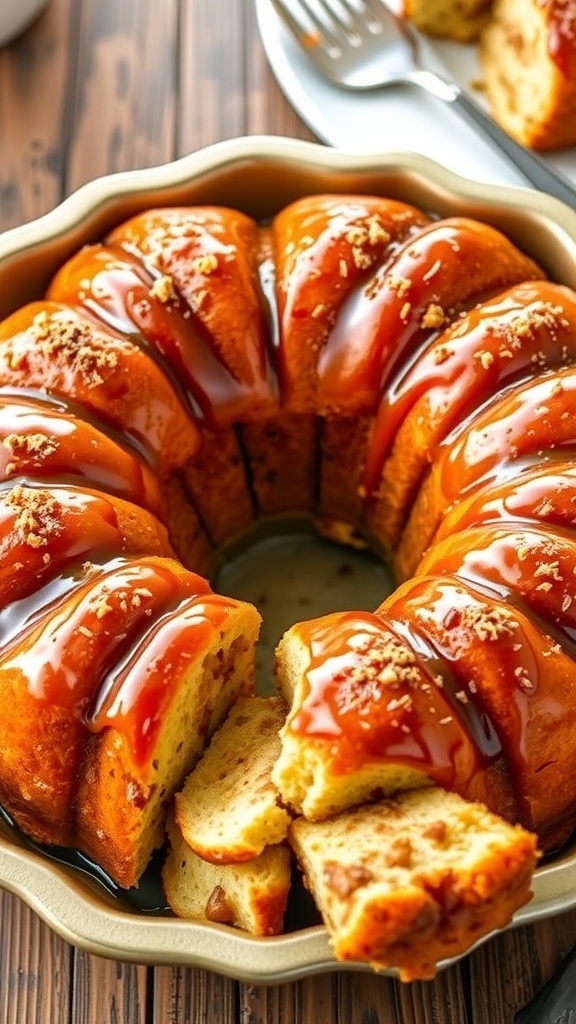 A bundt pan filled with golden monkey bread, drizzled with glaze, on a rustic wooden table.